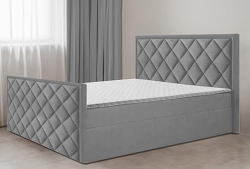 Generisch Boxspringbett Doppelbett, Kontinentalbett, Fußteil DORMI 2, mit Bonnell-Matratze und T25-Obermatratze + 2 Bettkästen, H3 (Grau: ITAKA 50, 200 x 200 cm)