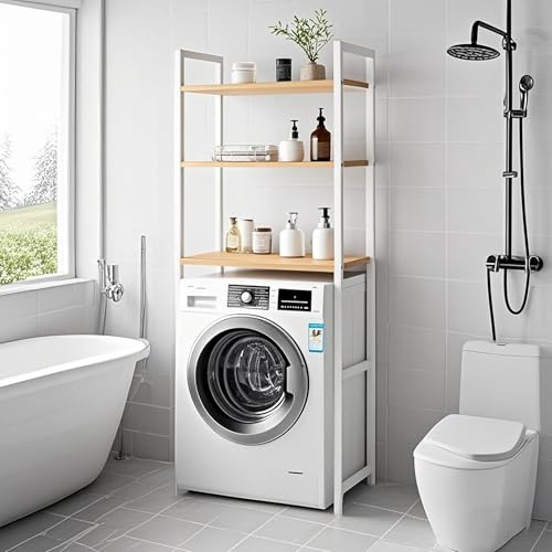 FUOIDYE Toilettenregal Waschmaschinen Regal, 3 Ebenen Waschmaschinenschrank Bambus, Regal über Toilette, Waschmaschinenregal, Multifunktional Washing Machine Shelf für Bad, Küche, Wohnzimmer