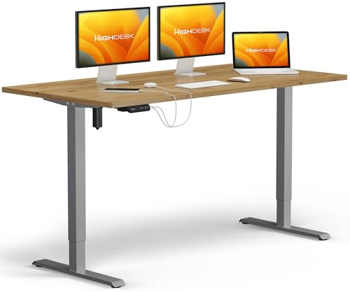 KRIEG HighDesk SMART Höhenverstellbarer Schreibtisch 120 x 70 cm I Silber + Eiche - Elektrischer Sitz- & Stehtisch mit Tischplatte - Stehschreibtisch Elektrisch Höhenverstellbar