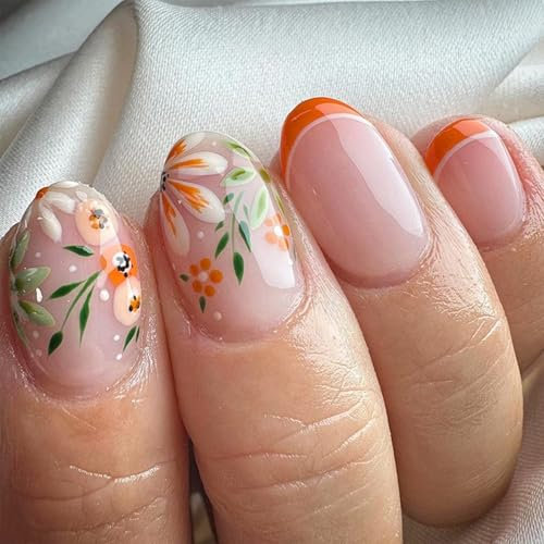 NICENEEDED 24 PCS Almond Shape False Nails, French Press On Nail with Orange Flower Design, Plastic Glossy Removable Fake Manicure for Women Nail Art Halloween