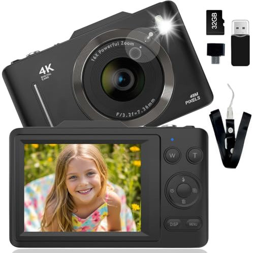Digitalkamera, Fotoapparat Digitalkameras 48MP 1080P Fotokamera mit 32GB Speicherkarte Vlogging-Kamera mit Blitz, Autofokus, Anti-Shake, Tragbare Kompakte Kamera für Kinder und Anfänger