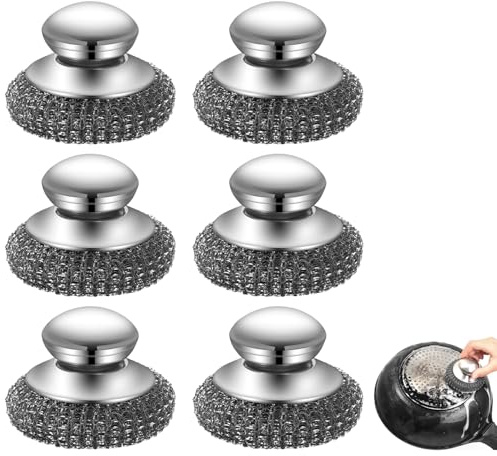 6er-Pack Edelstahlspiralen, Stahlwolle-Scheuerschwamm, Stahlschwamm mit Edelstahlgriff, ideal für hartnäckigen Schmutz in Töpfen und Pfannen, aus rostfreiem Recycling-Edelstahl
