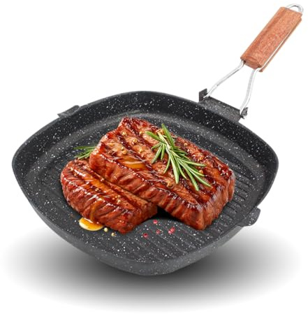 RANJIMA Grillpfanne, 24x24 cm Steakpfanne gerillt aus Aluminiumguss, Grillpfanne Induktion mit Klappbarer Griff, Non Stick Grill Pfanne für Gasgrill & Backofen, Grillplatte für Induktionsherde
