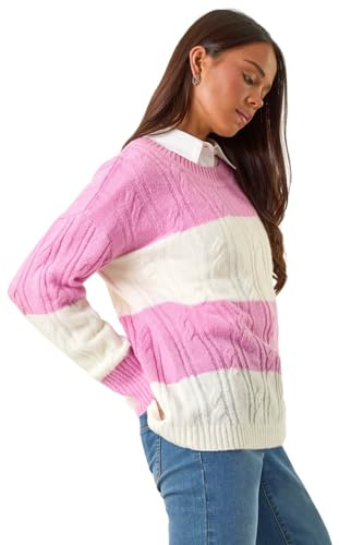 Roman Petite Stripe Knitted Jumper for Women UK - Ladies Everyday Autumn Winter Round Neckline Comfy Soft Evening Vacation Work Party Night Out - Petite Pink - Size 12