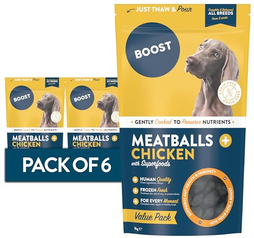 BOOST Pet Chicken Meatballs Dog Food and Treat - Frozen Fresh Wet Dog Food, Grain Free, Made with 80% Chicken, Complete Nutritional Meal for Pets, Nothing Artificial - 6 x 1kg