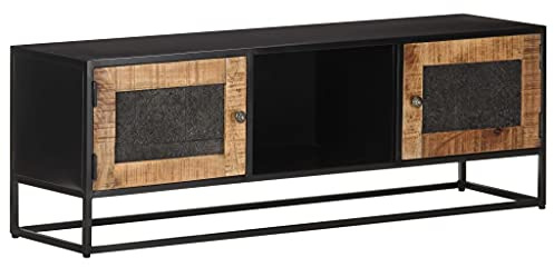 Qnhdfrt Industrial TV Cabinet 120x30x40 cm Rough Mango Wood TV Stand with Hand Carved Doors for Living Room Bedroom