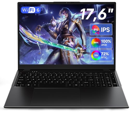 jumper Laptop 17,6 pollici, CPU N95, 16 GB RAM 512 GB SSD + 128 GB eMMC, 100% sRGB FHD, tastiera QWERTY luminosa, con pellicola per tastiera tedesca, 7000 mAh, WiFi-6, notebook per studenti.