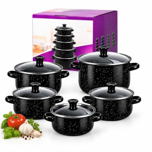 5-Piece Enamel Cookware Set,Stock Pot Set with Glass Lids,16/18/20/22/24cm | Non-Toxic Enamelware Pots,for Induction,Gas,Electric,Easy Clean,Stew & Sauce Pan Set for Family Kitchen,Black(1.1L-4L)