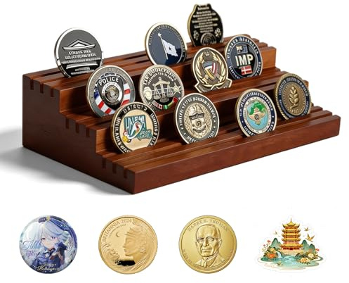 BAIFULAI Portamonete in legno massiccio: realizzato a mano in legno massello per 15-40 monete, 3 file di supporto per medaglie naturale, porta monete, monete, con pendenza, decorazione da tavolo