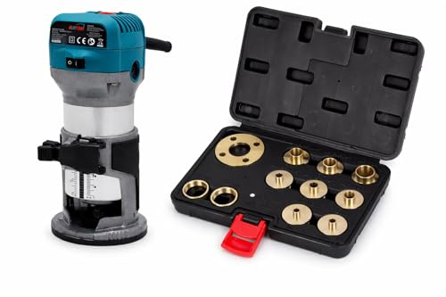 KATSU Electric Wood Hand Trimmer Router 220V with 11-Piece Brass Guide Bush Set – Precision Woodworking Bundle