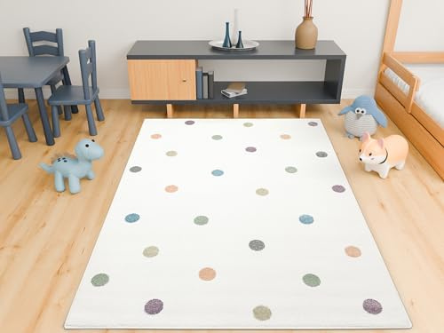 AKCILA Lima rechteckig Kinder Teppich Pastell Cremig 160x230 cm | Kinderteppich Mädchen | Kinderzimmer Kurzflor Teppiche| Kids Carpet |Spielteppich Kinder Babyzimmer Tepich |gepunktetes Muster |