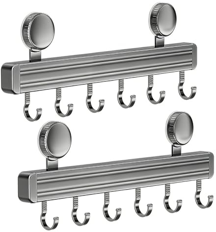 UCFBWO 2 Stück Hakenleiste Küche ohne Bohren, Saugnapf Küchenstange aus Aluminiumlegierung, 6 bewegliche Haken für Küchenutensilien, bis 20 kg Tragfähigkeit, wiederverwendbar für Küche Bad (Grau)