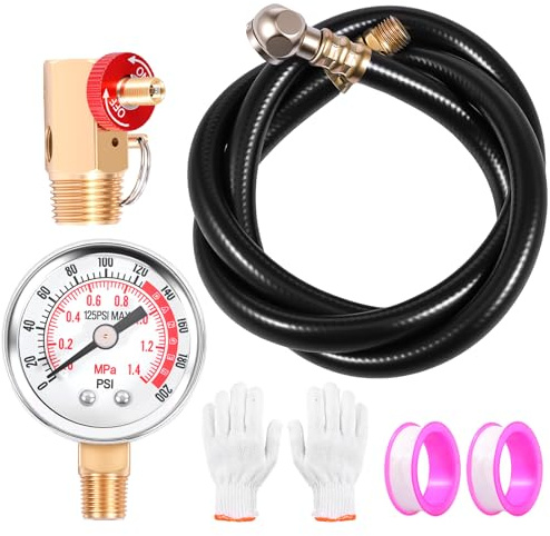 Portable Air Tank Repair Kit - Brass Valve Manifold with 4FT Hose, Dual Scale Pressure Gauge, 1/8 NPT, Heavy Duty Safety Valve