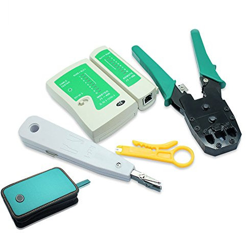 NUZAMAS Tester per cavi Ethernet LAN, RJ11, RJ45, CAT5, analizzatore di rete, crimpatrice, spellafili, kit di strumenti di rete perforati, set di 4