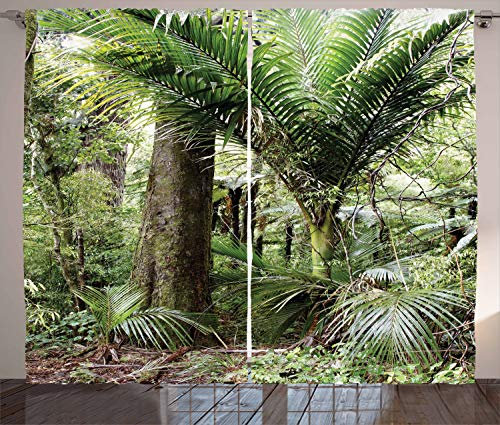 ABAKUHAUS Wald Rustikaler Gardine, Laub Jungle Entwurf, Schlafzimmer Kräuselband Vorhang mit Schlaufen und Haken, 280 x 245 cm, Grün Braun