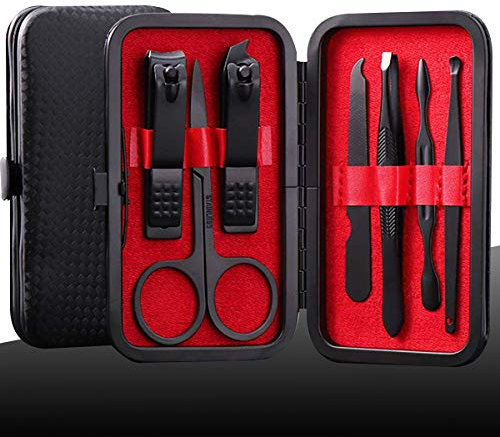 Manicure Kit Nail Clippers Set Stainless Steel Professional Pedicure Black 7 in 1 Grooming Kit Nail Scissors Cutter Ear Pick Tweezers Scissors Eyebrow Nail file for Man&Women gift (Red_7in1)