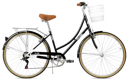 FabricBike Step City Damenfahrrad Amsterdam 28 Zoll Komfort Bike 7 Gang Hollandrad im Retro-Design (Black + Cesta)