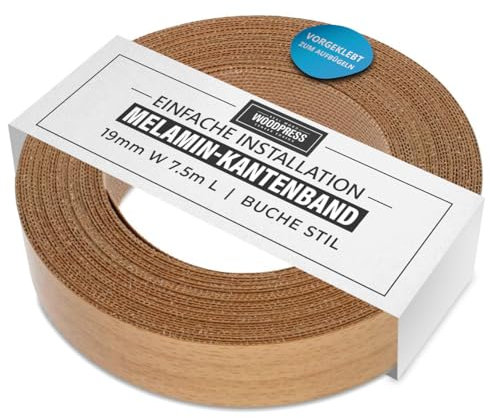 WoodPress® 19mm Beech Wood Style Laminate Melamine Edging, Pre-Glued Veneer Tape – 7.5m Roll - Iron-On for Easy DIY Application – Will Cover the Edge of a Standard MDF Panel