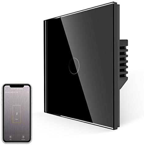 JIMEIDA Interruttore della luce Smart Touch, senza conduttore neutro, funziona con Alexa e Google Home, Smart Life, interruttore della luce Wlan da incasso, vetro nero e LED di stato, 1 scomparto