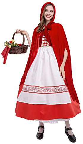 Odizli Rotkäppchen Kostüme Damen Erwachsene Prinzessin Kleid mit Red Riding Hood Mantel Umhang Halloween Weihnachten Karneval Cosplay Party Verkleidung Costume Rot Druck M