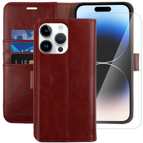 MONASAY Wallet Case for iPhone 14 Pro Max with 3 Card Holders - Burgundy | Kickstand,RFID Blocking,6.6 feet of shock absorption,PU Leather, Strong Magnetic Closure, Fits 6.7 inch ONLY,Protective film