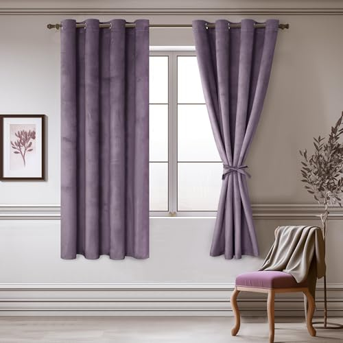 JIUZHEN Kurze Samtvorhänge für Schlafzimmer – Superweiche Raumverdunkelung, wärmeisolierende Fenstervorhänge für Küche, Zuhause, Büro, Arbeitszimmer, B 132xL 160 cm, 2er-Set mit Raffhaltern, Lavendel