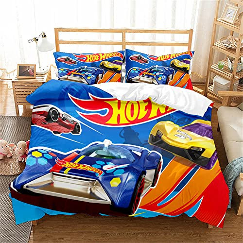 LISaINmAy Double Duvet Set Hot Wheels Bedding Set 3 PCS with Pillowcases Ultra Soft Anti Allergic Non Iron (Double(200x200cm),HW 02)