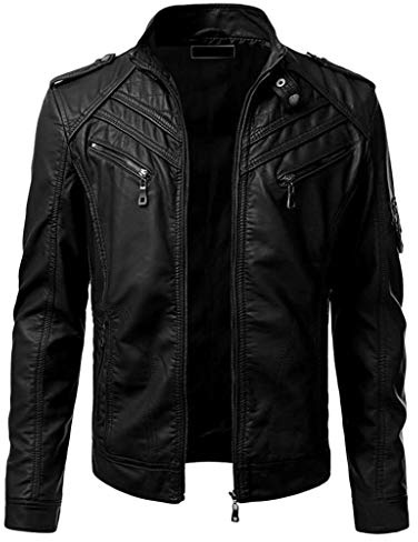 Veste en Cuir Véritable Pour Homme - Loisirs, Automne et Hiver - Fonctionnelle à Revers - Fermeture Éclair - Extérieur et Sport, P06-Noir, L