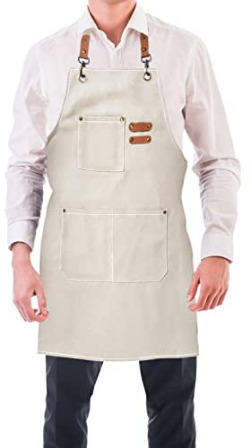 BOOWEN Delantal de Cocina Ajustable Mandiles Lona de Algodón con 3 Bolsillos Grandes Mandil Hombre Resistente al Agua y Antimanchas Delantales para Jardín, Taller, Trabajo (Beige)