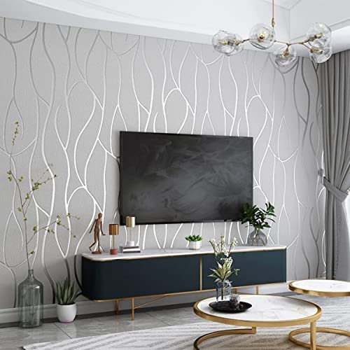 mwpqbd Wallpaper Non-Woven Nordic Geometric Pattern Lines Modern Simple and Fashionable Living Room Television Background Wall Wallpaper Deerskin Velvet Wall Cloth (Silver Gray 3366-2)
