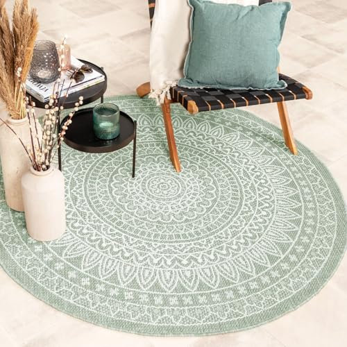 FRAAI | Home & Living In- & Outdoor Teppich Rund - Summer Azteca Grün - Wetterfest - Polypropylen - Flachgewebe - Balkon, Garten/Terrasse - Terrasse - Rug