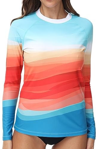 VAYAGER Womens Rash Guard UV Protection Long Sleeve Rash Vest Swim Shirts Quick Dry UPF 50+ Water Beach Surfing Swimming Tops(Blue-Orange-XL)
