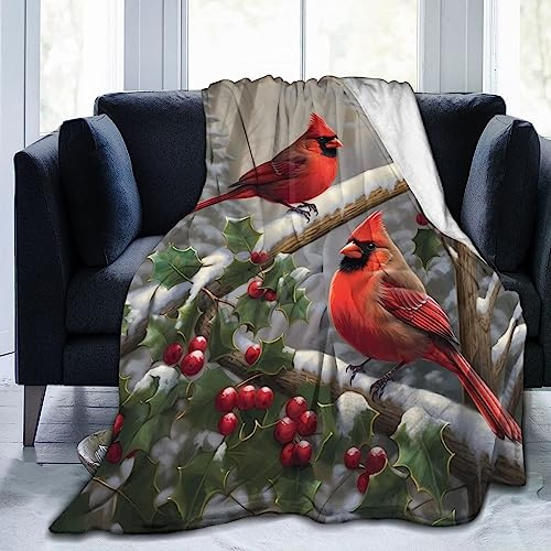 Ouqiuwa Coperta natalizia con uccelli rossi, morbida, leggera e resistente, in pile di flanella, 127 x 101,6 cm, per letto, divano, campeggio, viaggio