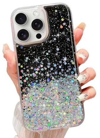 LCHULLE for iPhone 15 Pro Max Case Girls Women Glitter Bling Clear Cover Cute Crystal Slim Fit Bumper Silicone Case for iPhone 15 Pro Max 6.7inch 2023,Black
