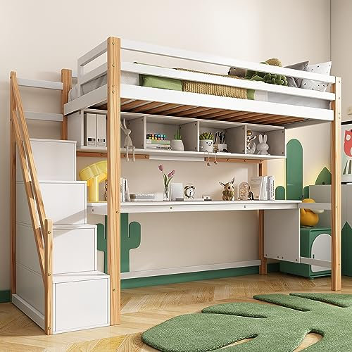 ZYLOYAL10 90 * 200cm Kinderhochbett mit Stauraumtreppe (Weiß & Natur - B)