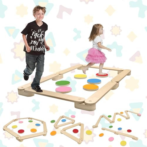 LZQ Holz Balancierbalken mit 6 Balanciersteine für Kinder, Balance Board Schwebebalken Frei Kombinierbar für Drinnen und Draußen,Spielzeug ab 3 jahre für Koordination und Stabilität