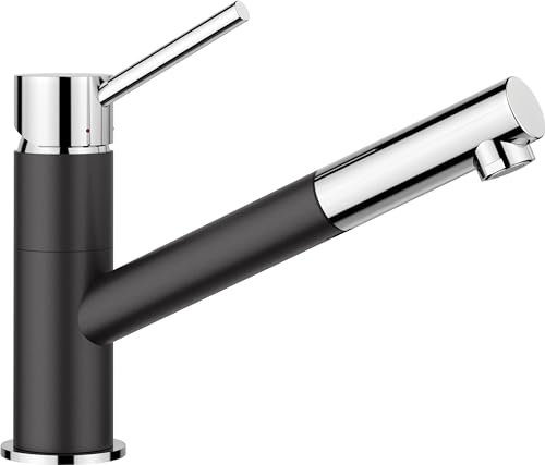BLANCO KANO-S | Küchenarmatur in silgranitschwarz/chrom | Niederdruck | Mit herausziehbarem Schlauch | Rückflussverhinderer | Keramik Kartusche | Gesicherte Wasserqualität & wassersparend