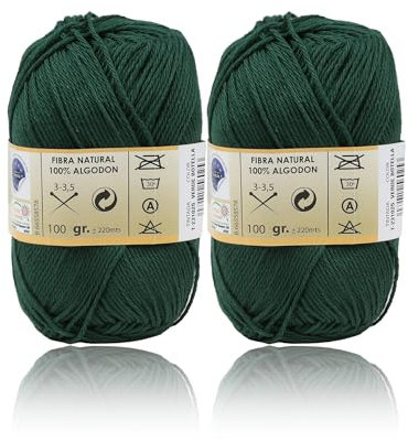 Pack de 2 Ovillos de Algodón Premium – Hilo de Algodón para Tejer a Crochet 100% Natural, 100g y 220m - Ideal para Tejido y Ganchillo (Verde Botella)