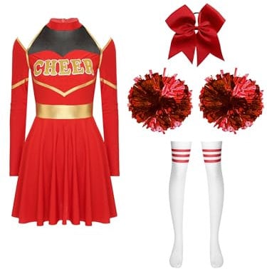 Aislor Cheer Leader Kostüm Damen Halloween Langarm Cheerleading Uniform Outfits Tanzkleid Mit Pompoms/harrband Karneval Cheerleading Kostüm I Rot M