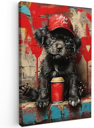 MuchoWow© Impression sur Toile Photo Peinture 60x90 cm Tableau Decoration Murale Chambre Salon Maison Deco Cuisine Graffiti - Chien - animal de compagnie - chiot - Banksy