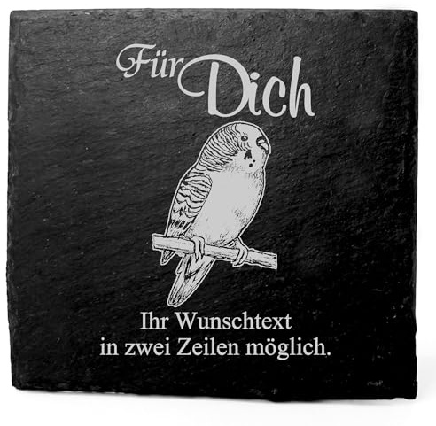 Deko Schiefer Untersetzer personalisiert sitzender Wellensittich - Für Dich - 11x11cm Schwarz Bierdeckel Tischdeko Bieruntersetzer Weinuntersetzer