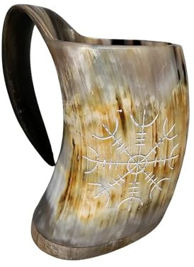 Viking By Heart Real Ox Horn 6-7'' Long, Vikings Drinking Horn Mug with Wooden Base, Engraved with Helm of AWE, 20 OZ Capacity, Handcrafted Horn Mug Unique Beer Gifts for Men, Women