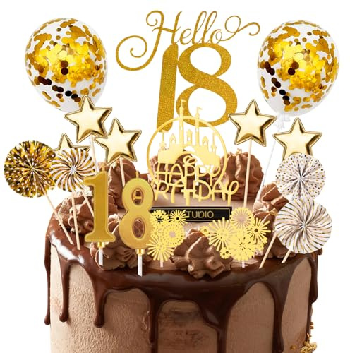 AIYONG 17 Pcs 18. Geburtstag Torten Topper Deko mit Zahlenkerze, Happy Birthday Kuchen Dekoration, Gold
