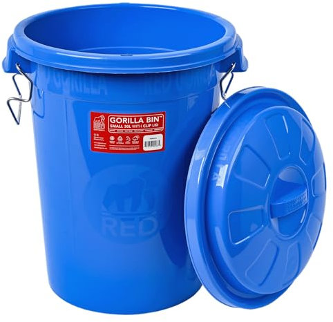Red Gorilla Bin 30 Litre with Clip Lid Blue Stackable Storage Plastic Lightweight Weather Resistant Frost Proof for Indoor Outdoor Waterproof Waste Bin for Garden Garage Kitchen Home Recycling