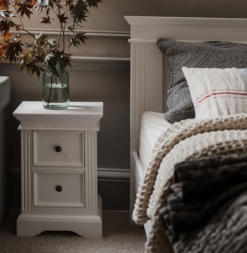 Statement Furniture Gainsborough White or Vintage Cream Bedside Table with 2 Drawers | W45cm H61cm D35cm | Hand-Carved Details, Hampton Style Nightstand, FULLY ASSEMBLED (WHITE-MetalHandle)