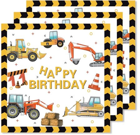 ParPix 24 Stück Bagger Servietten, 33x33cm Bagger Servietten Kindergeburtstag Junge Mädchen, Servietten Baustelle, Traktor Servietten Kindergeburtstag, Baustellen Servietten, Einweg Papierservietten