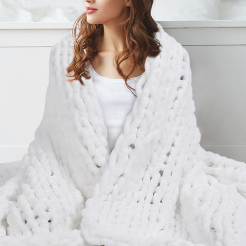 Gugxiom Chunky Knit Blanket, 127 x 152 cm Chenille Gestrickt Decke, wArm & Gemütlich, Hand Strickdecke, Grob Gestrickte Decke für Couch Bett