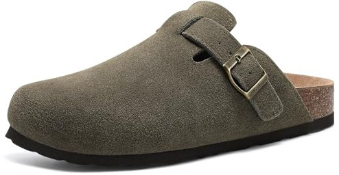 Beslip Women's Suede Clogs Soft Cork Footbed Leather Mules Comfort Potato Shoes with Arch Support, Army Green Women Size 5.5-6
