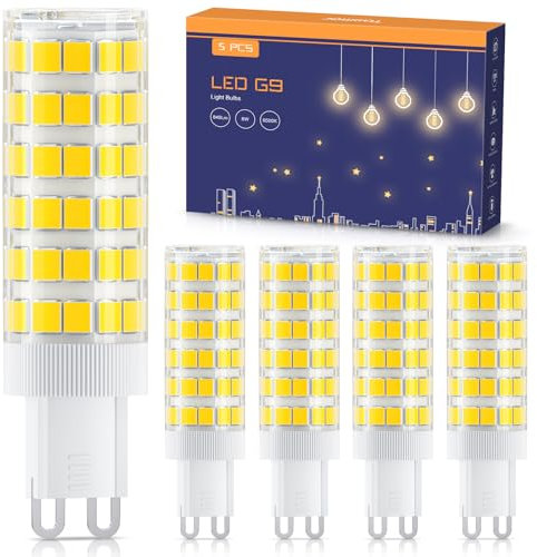 TASMOR G9 LED-Glühbirnen 8W, Cool White 6500K, entspricht 80W Halogen-Glühbirnen, kein Flimmern, nicht dimmbar, energiesparende LED-Glühbirnen, 5er Pack