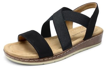DREAM PAIRS Damen-Sandalen mit niedrigem Keilabsatz, elegant, für den Sommer, bequeme, lässige Slipper, flache Sandalen für Spaziergänge im Urlaub,Size 40.5,Schwarz-Wildleder,DWUMFS2505